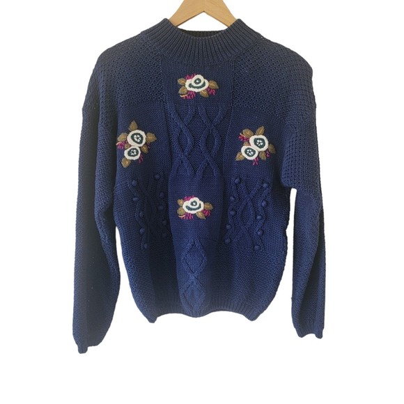 Vintage Marnie West Floral Sweater Pullover Blue Medium Cottagecore Knit Jumper - Picture 5 of 7